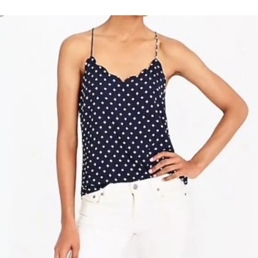 J. Crew Blue & White Polka Dot Scalloped Neck Camisole With Razer Back Size 2
